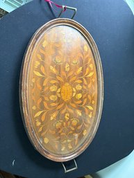 Antique Or Vintage Serving Tray, Often Described As A Sheraton-style Marquetry Inlaid Oval TraY