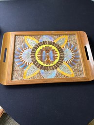 Vintage Brazilian Inlaid Wood Tray Decorated With Butterfly Wings