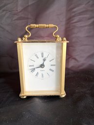 Vintage Gold Tone Brass Quartz Carriage Style Mantel Clock