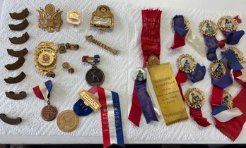 Collection Of Vintage Fraternal, Military, And Political Medals, Pins And Ribbons