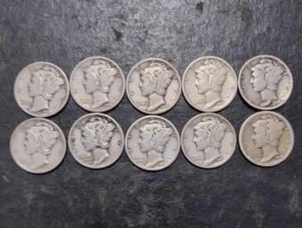 LOT OF 10 PHILADELPHIA MINT MERCURY SILVER DIMES VG TO VF