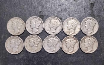LOT OF 10 MERCURY SILVER DIMES VG TO VF