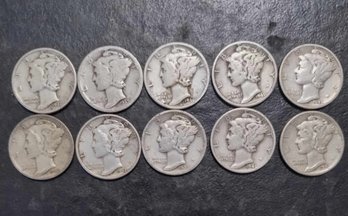 LOT OF 10 MINT MERCURY SILVER DIMES VG TO VF