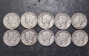 LOT OF 10 MERCURY SILVER DIMES VG TO VF