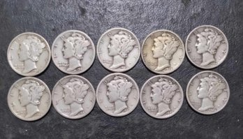LOT OF 10 MERCURY SILVER DIMES VG TO VF