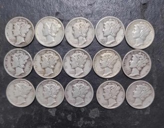 LOT OF 15 MERCURY SILVER DIMES VG TO VF