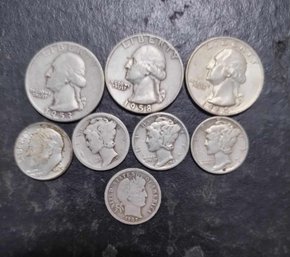 LOT OF 8 SILVER DIMES AND QUARTERS VG TO XF