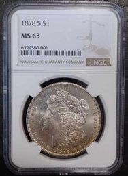 1878-S MORGAN SILVER DOLLAR NGC MS-63 LIGHT OBVERSE TONE