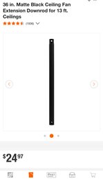 36 In. Matte Black Ceiling Fan Extension Downrod For 13 Ft. Ceilings