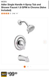 MOEN Adler Single Handle 4-Spray Tub And Shower Faucet 1.8 GPM In Chrome (Valve Included)