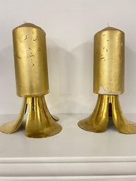 Set Of 2- 2'' Gold Cylinder Candles  With A Gold Candle Holder