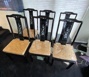 6 Oriental  Black Mother Of Pearl Lacquer Dining Room Chairs