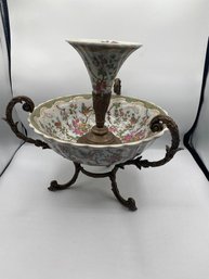 Art Nouveau  Style Porcelain & Bronze Centerpiece Fruit Bowl Flower Cherub & Birds
