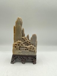 Chinese Soapstone Hand Carved Mountains And Village