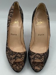 Christian Louboutin Black/Light Pink Lace And Satin Very Prive Peep Toe Platform Pumps Size 37.5