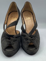 Christian Louboutin Leather Suede Criss Cross Platform Pumps Dark Gray Size 37.5