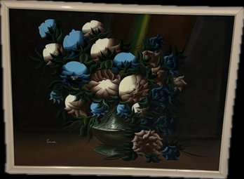 Large Vintage Floral Still Life Painting Signed Crick  Mid-Century Modern Framed Oil On Canvas