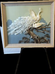 Large Vintage 3D Feather Peacock Shadow Box Wall Art  36 X 33