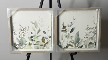 Green Leaves Diptych Wall Art  Gold Accents  Set Of 2  13 X 13 Each  Framed Under Glass  NEW