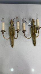 Pair Victorian French Double Arm Brass Wall Sconces  Candle Style  Wired  Working 1-4