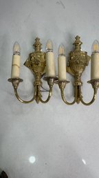 Pair Victorian French Double Arm Brass Wall Sconces  Candle Style  Wired  Working