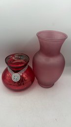 Lot Of 2 Red & Pink Colored Glass Vases  Decorative  Used