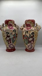 Pair Of Vintage Oriental Asian Hand-Painted Ceramic Vases