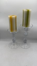 Pair Of Glass Candlestick Holders With Candles