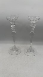Pair Of Rogaska Lead Crystal Candlesticks  Cut Floral Design, Slovenia, 10.5 Tall
