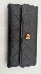 Black Quilted Leather Wallet Clutch  Gold Floral Snap  Genuine Leather1-1
