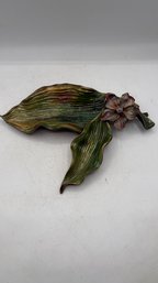 Jay Strongwater Enamel Leaf Tray W/ Crystal Flower  Hand Painted Decorative Sculpture