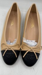 Chanel Beige & Black Cap-Toe Ballet Flats  Womens Size 39C With Dust Bag