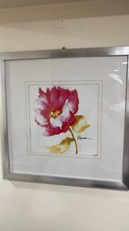 Signed Contemporary Floral Watercolor Painting  Red Blossom  Matted & Framed