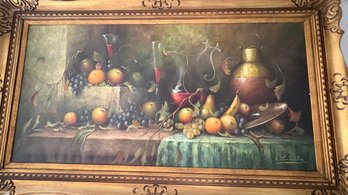 Large Signed Contemporary Still Life Oil Painting On Canvas In Ornate Gold Frame  Fruit & Wine Theme