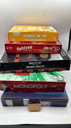 Lot Of 5 Board Games  Monopoly, Yahtzee, Guess In 10, Roulette Set & Shootout