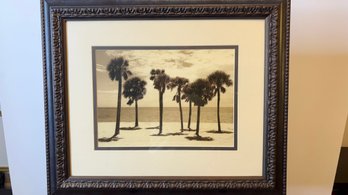 Framed Sepia Palm Tree Coastal Landscape Photograph
