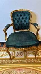Louis XV Style Gilt Wood Tufted Armchair With Emerald Green Velvet Upholstery