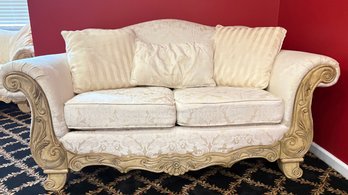 Craftmaster Furniture Oversized Carved Scroll Arm Loveseat  Cream Damask Upholstery