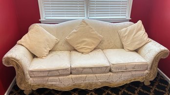 Craftmaster Furniture Oversized Carved Scroll Arm  Sofa Cream Damask Upholstery