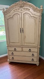 Grand French Provincial Entertainment Armoire / TV Cabinet  Distressed Cream Finish, 82 Tall
