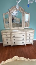 French Provincial Triple Dresser With Tri-Fold Mirror  Distressed Cream Finish