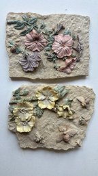 Pair Of Decorative Floral & Bee Cast Stone Wall Plaques