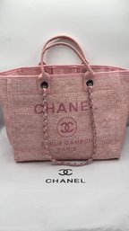 CHANEL Marked Pink Deauville-Style Large Shopping Tote With Chain Handles & Dust Bag