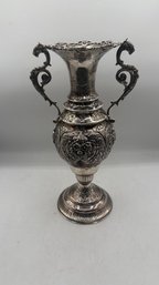 900 Sterling Silver Repousse Urn Vase With Lion Head Handles  Makers Hallmark  794g