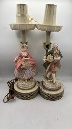 Vintage Porcelain Victorian Couple Figural Lamps  Tested & Working  Includes 2 Extra Shades
