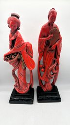 Vintage Asian Style Chinoiserie Faux Cinnabar Large Red Statues Male & Female