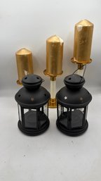 Lot Of 5  IKEA Rotera Lanterns & Brass Candlesticks With Gold Candles