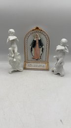 Lot Of 3  Capodimonte-Porcelain Cherub Figurines  Vintage Virgin Mary Wall Plaque
