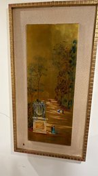 Large Mid-Century Signed Painting On Gold Wood Panel  Artist Loze  Framed  Approx. 38 X 20
