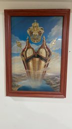 Vintage Judaica Painting  Torah Scroll & Crowns  Hebrew Blessing